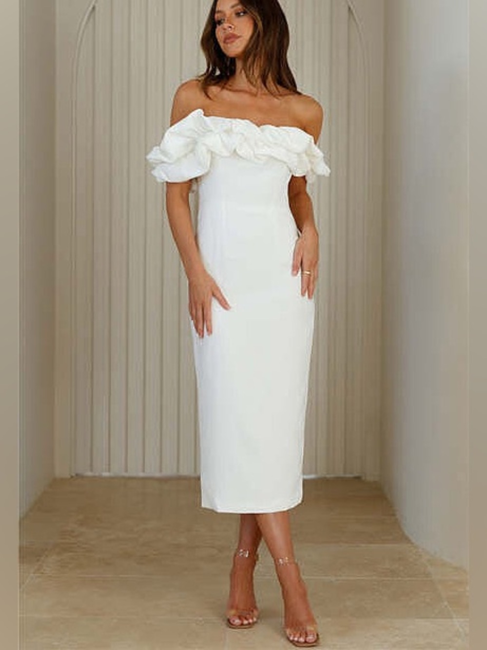 Off-Shoulder White Midi Dress with Ruffled Neckline